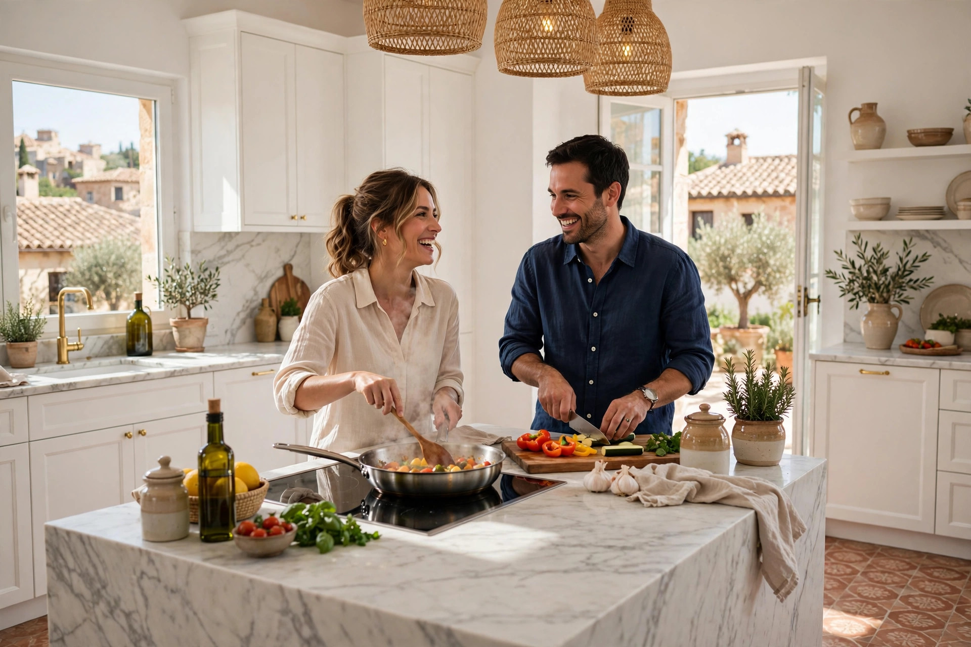 Pareja cocinando en su cocina renovada