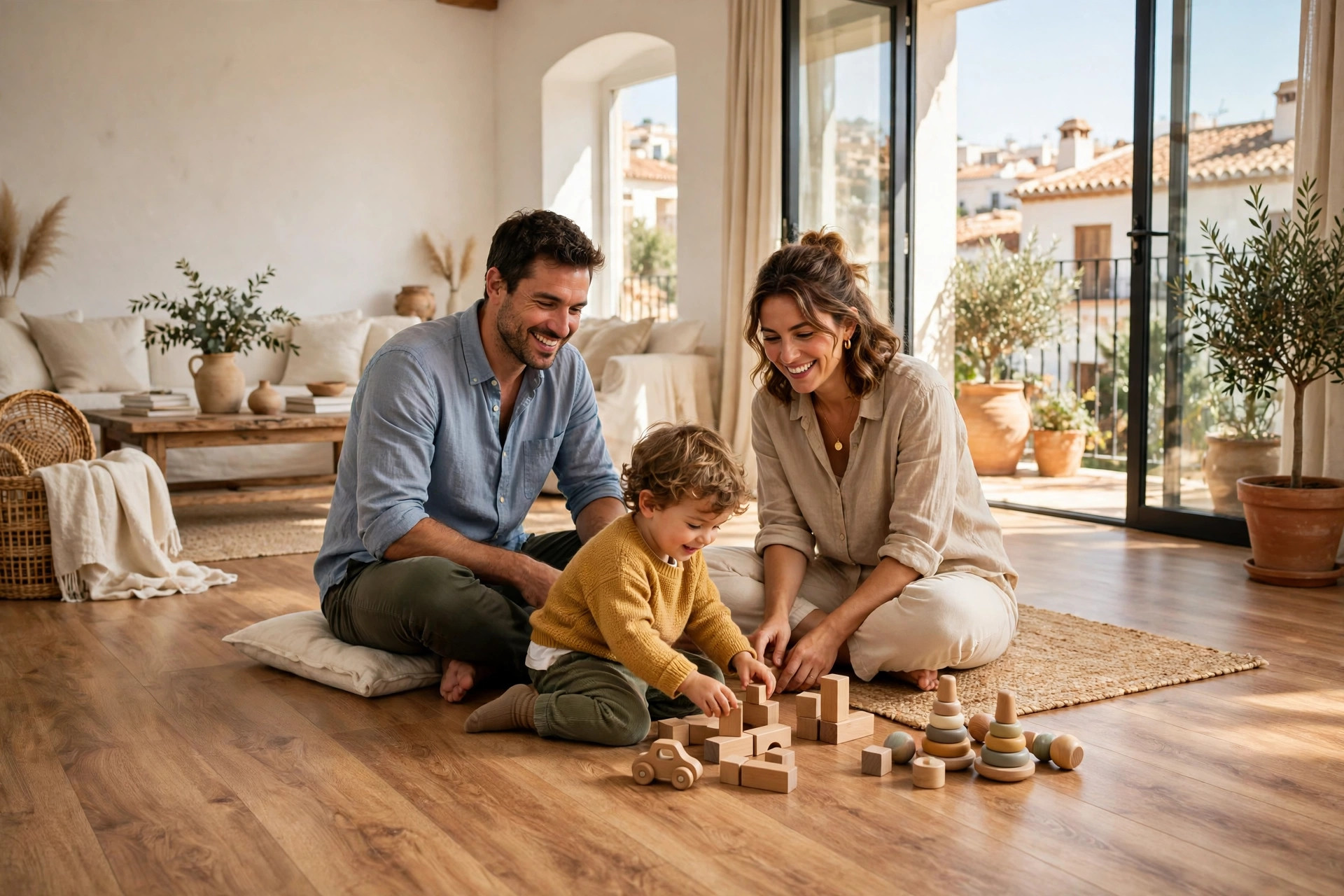 Familia disfrutando de su suelo laminado nuevo