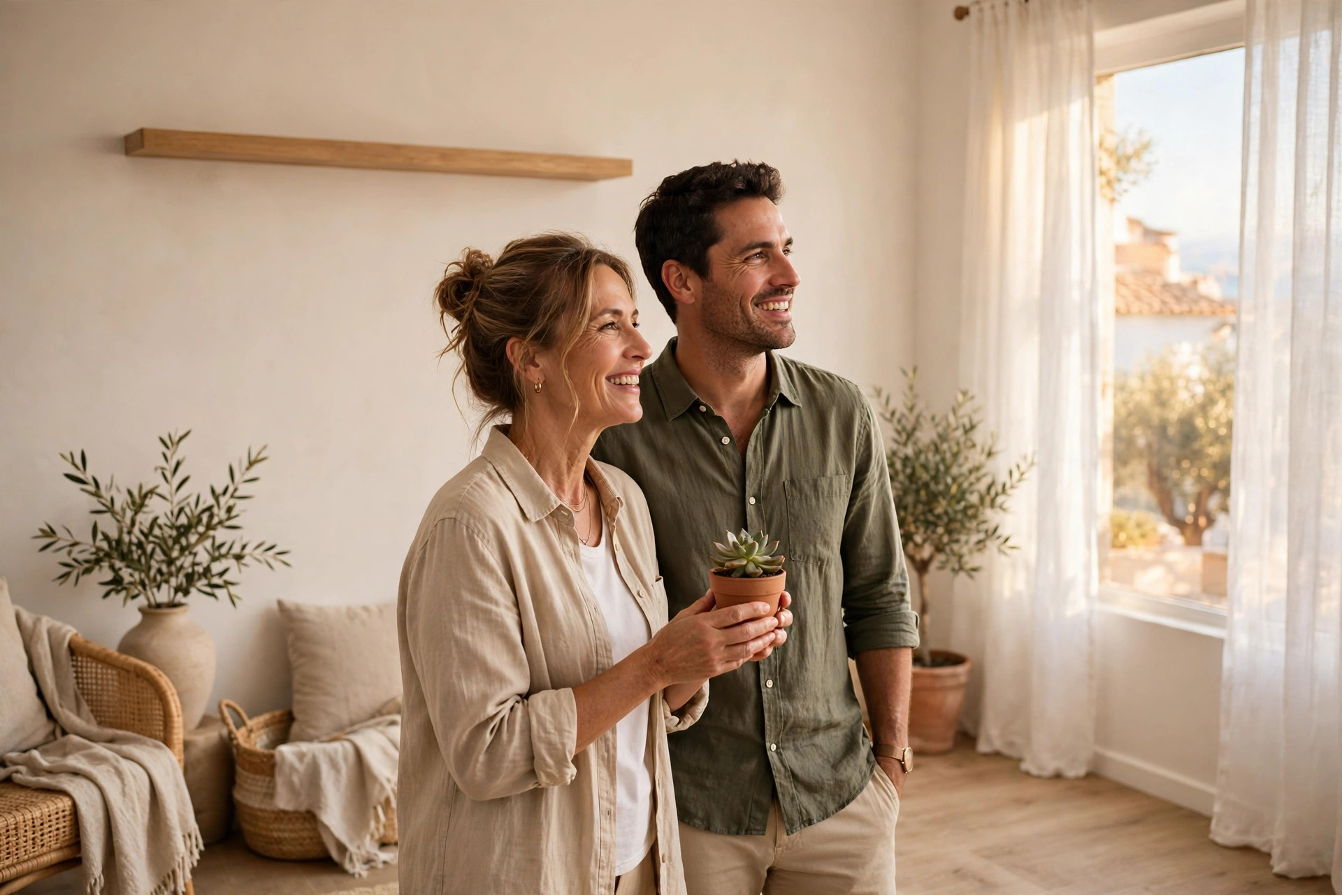 Pareja en su salón recién pintado