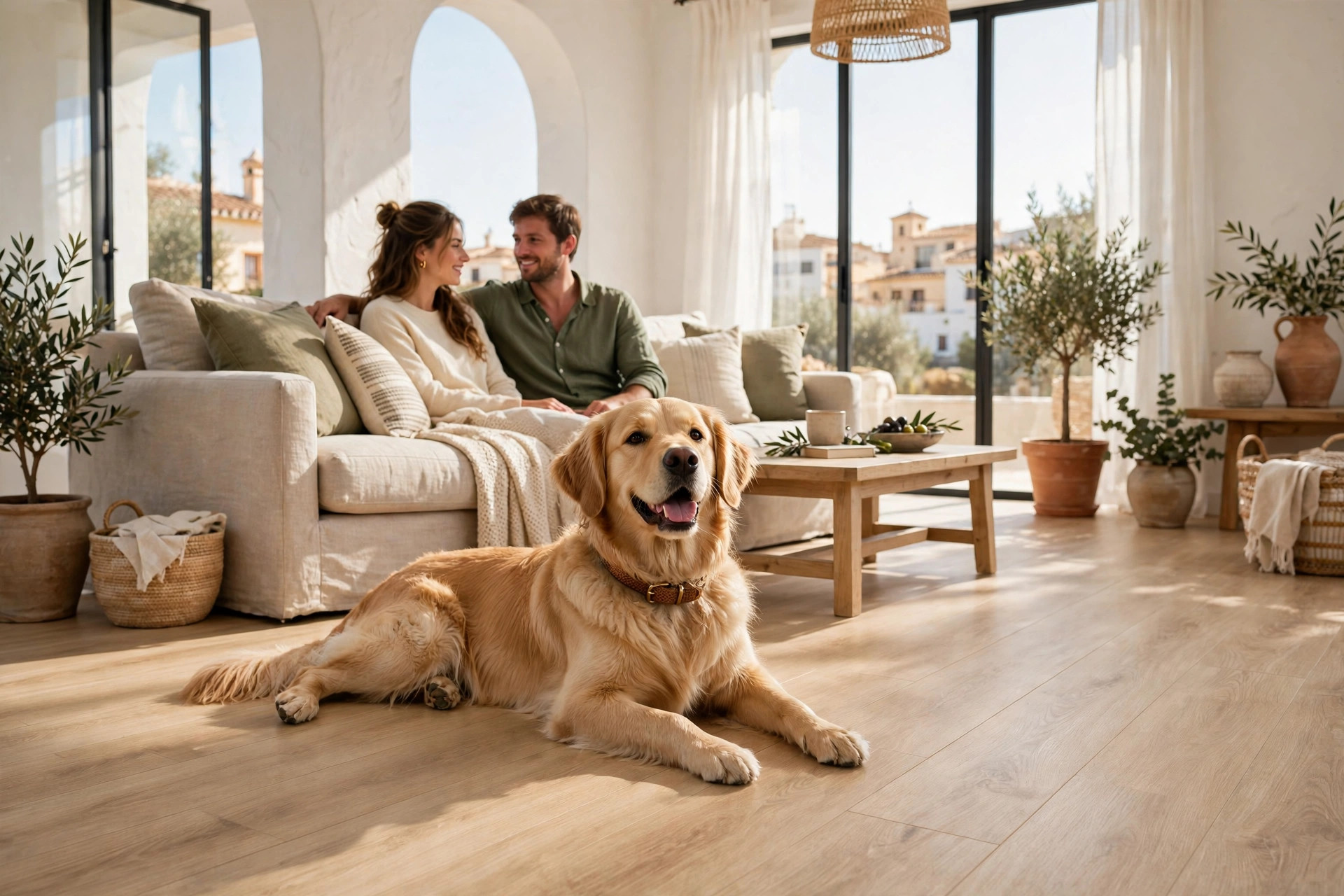 Pareja y su perro sobre un suelo SPC nuevo